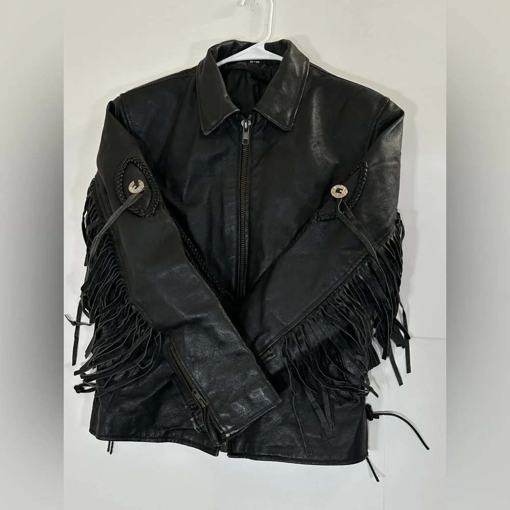 Fringed Black Leather Motorcycle Jacket Vintage Biker Women Medium 1990s Western - Picture 10 of 15